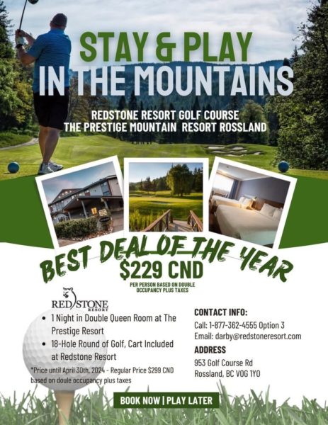 Flyer Advertising The Best Golf & Stay Deal Of The Year At Redstone Resort.